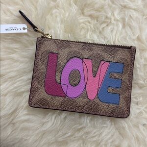 Coach LOVE Zip Card Case Signature Canvas Brown & Pink Wallet NWT